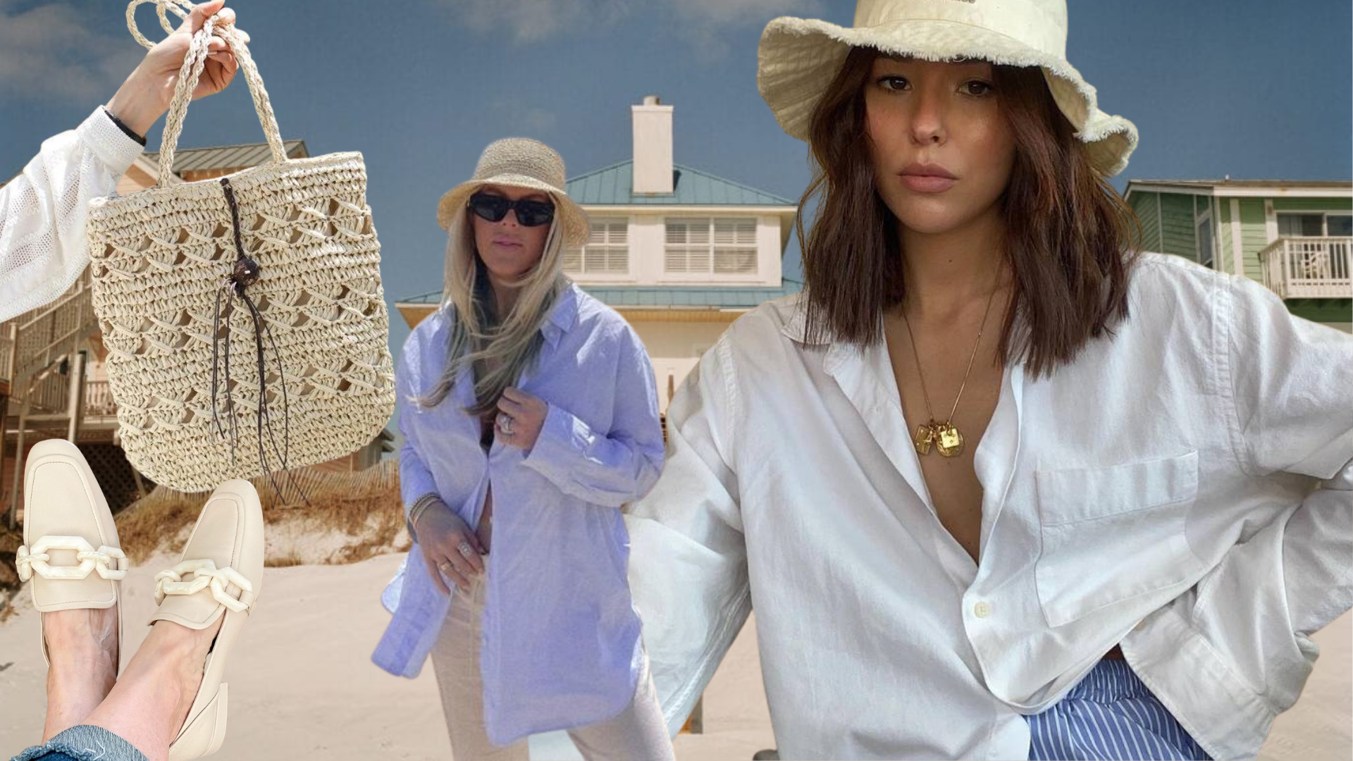 A straw bag, women's loafers, and two women wearing linen shirts and coastal grandma attire